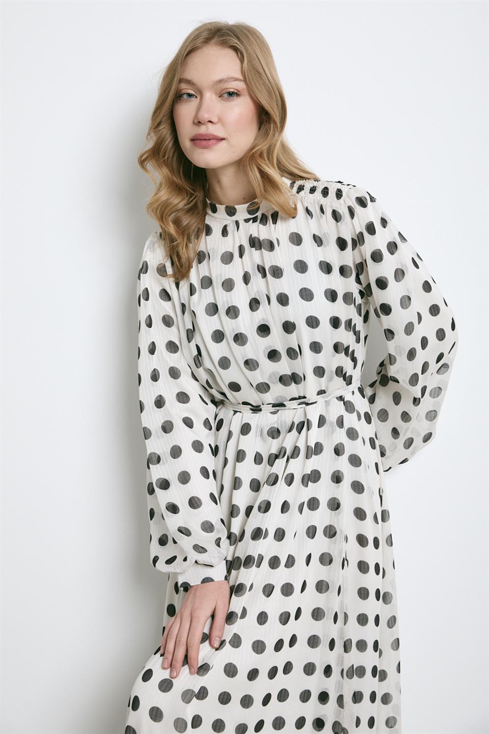 Puantiye Desenli Şifon Elbise - Ekru