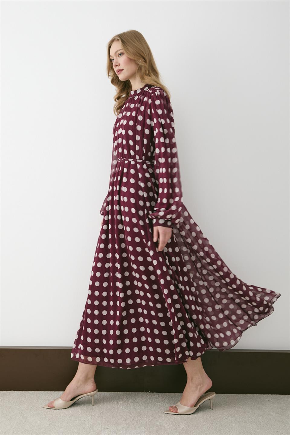 Puantiye Desenli Şifon Elbise - Mor