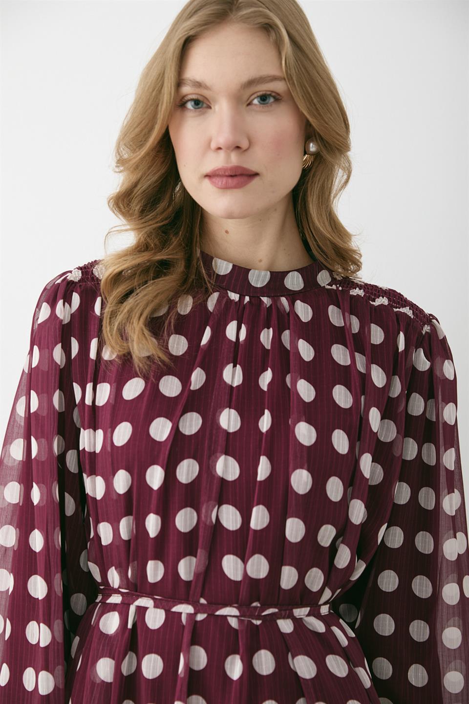 Puantiye Desenli Şifon Elbise - Mor