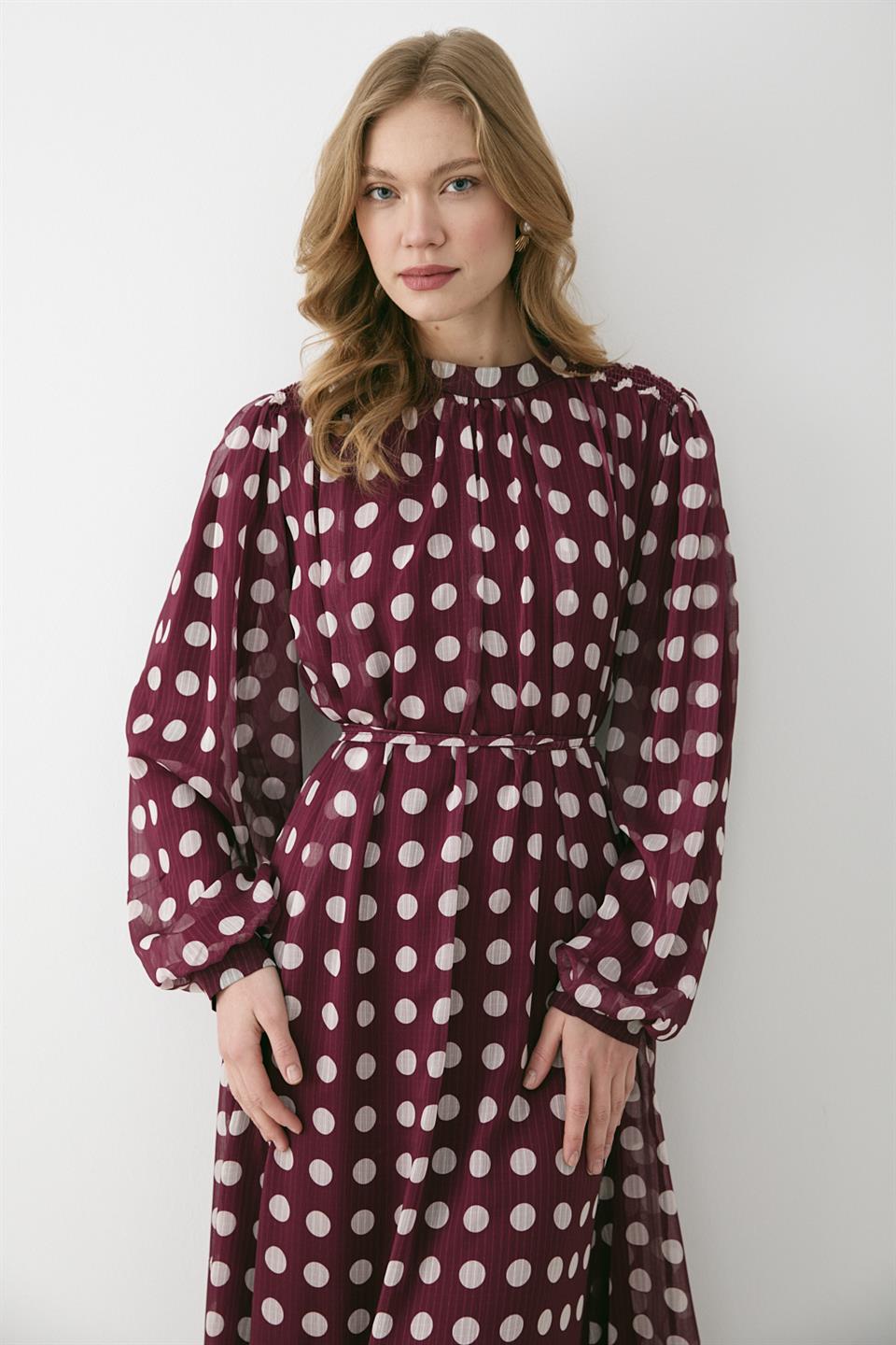 Puantiye Desenli Şifon Elbise - Mor