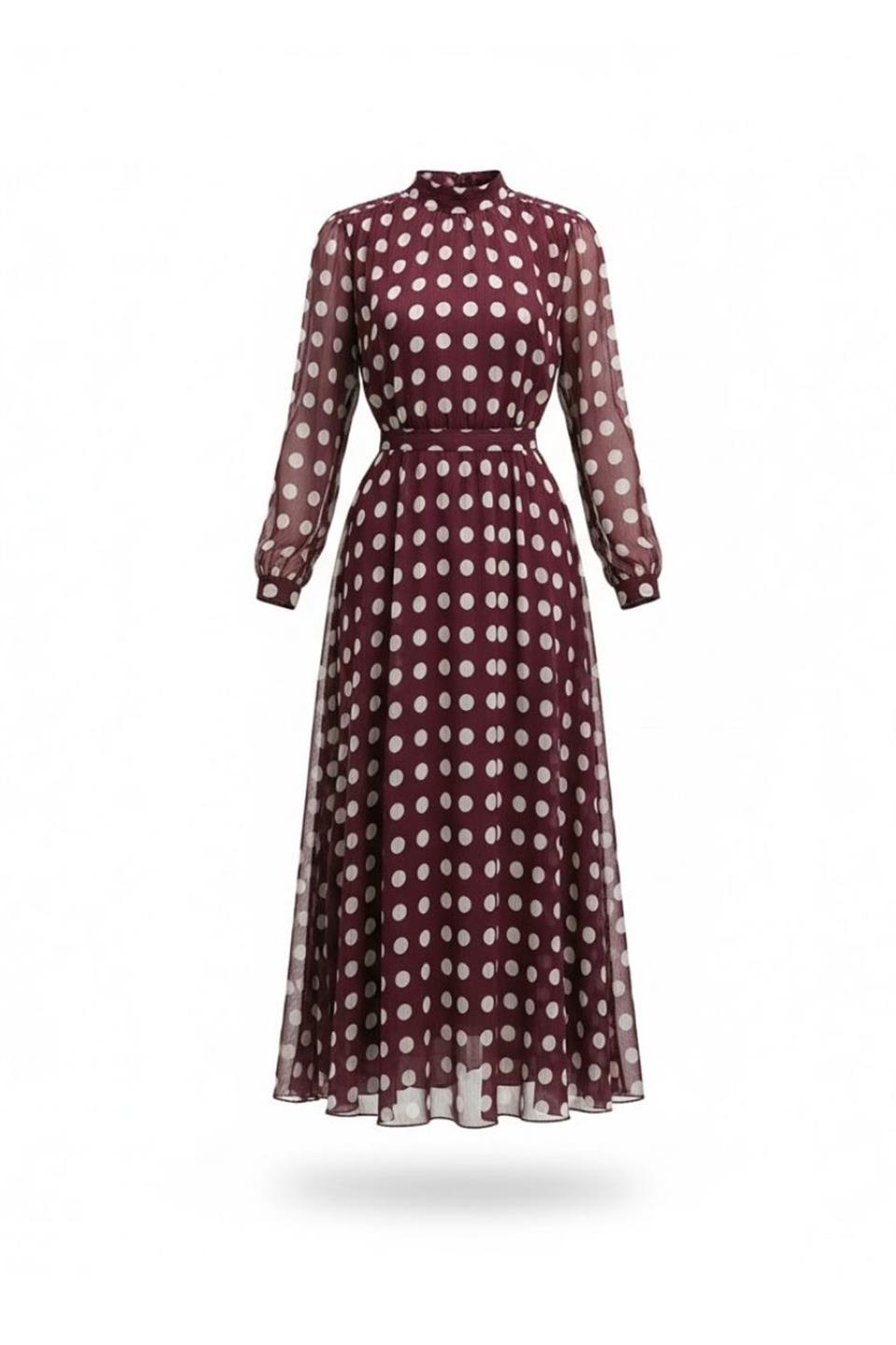 Puantiye Desenli Şifon Elbise - Mor