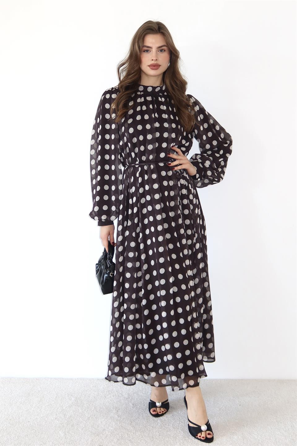 Puantiye Desenli Şifon Elbise - Siyah