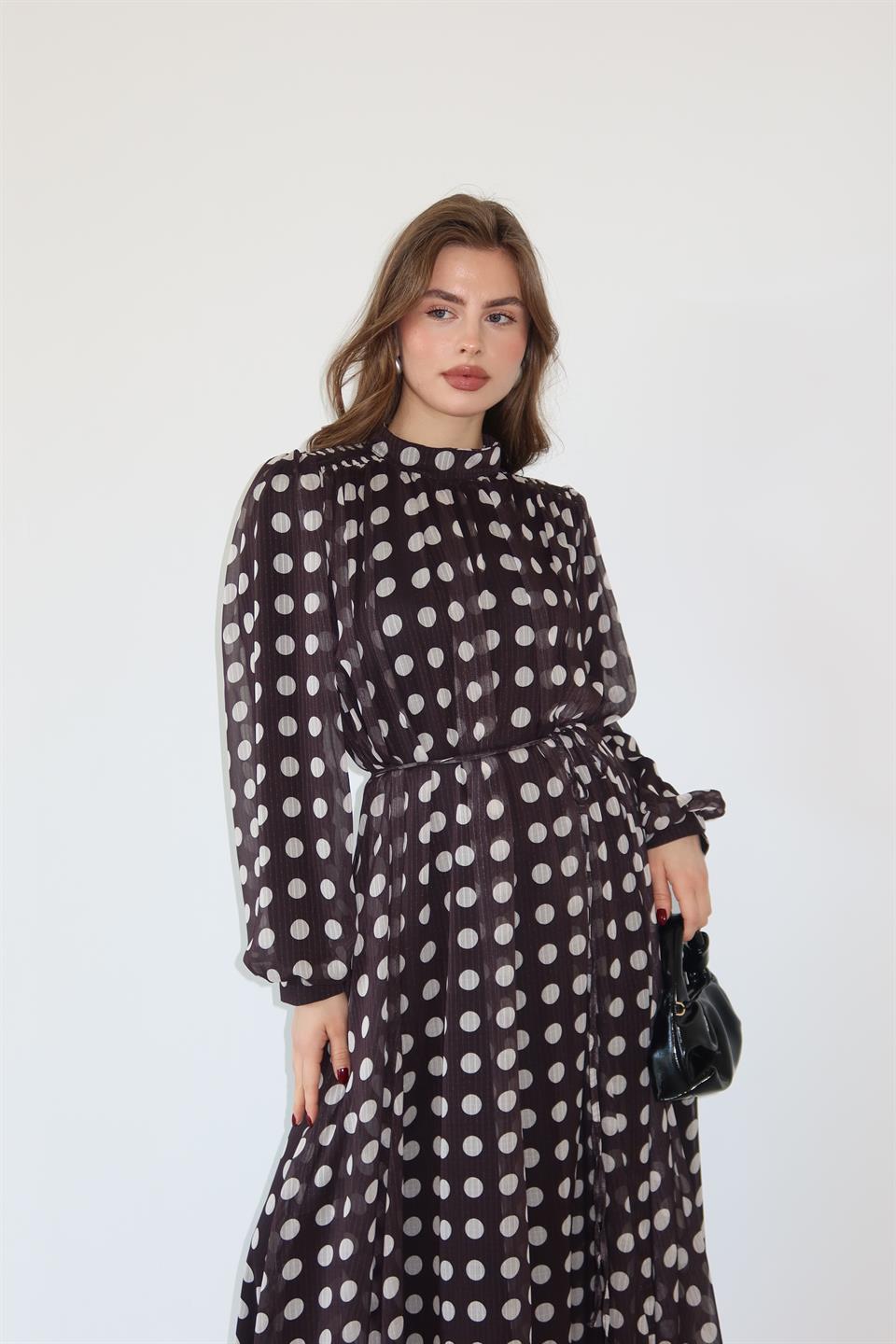 Puantiye Desenli Şifon Elbise - Siyah