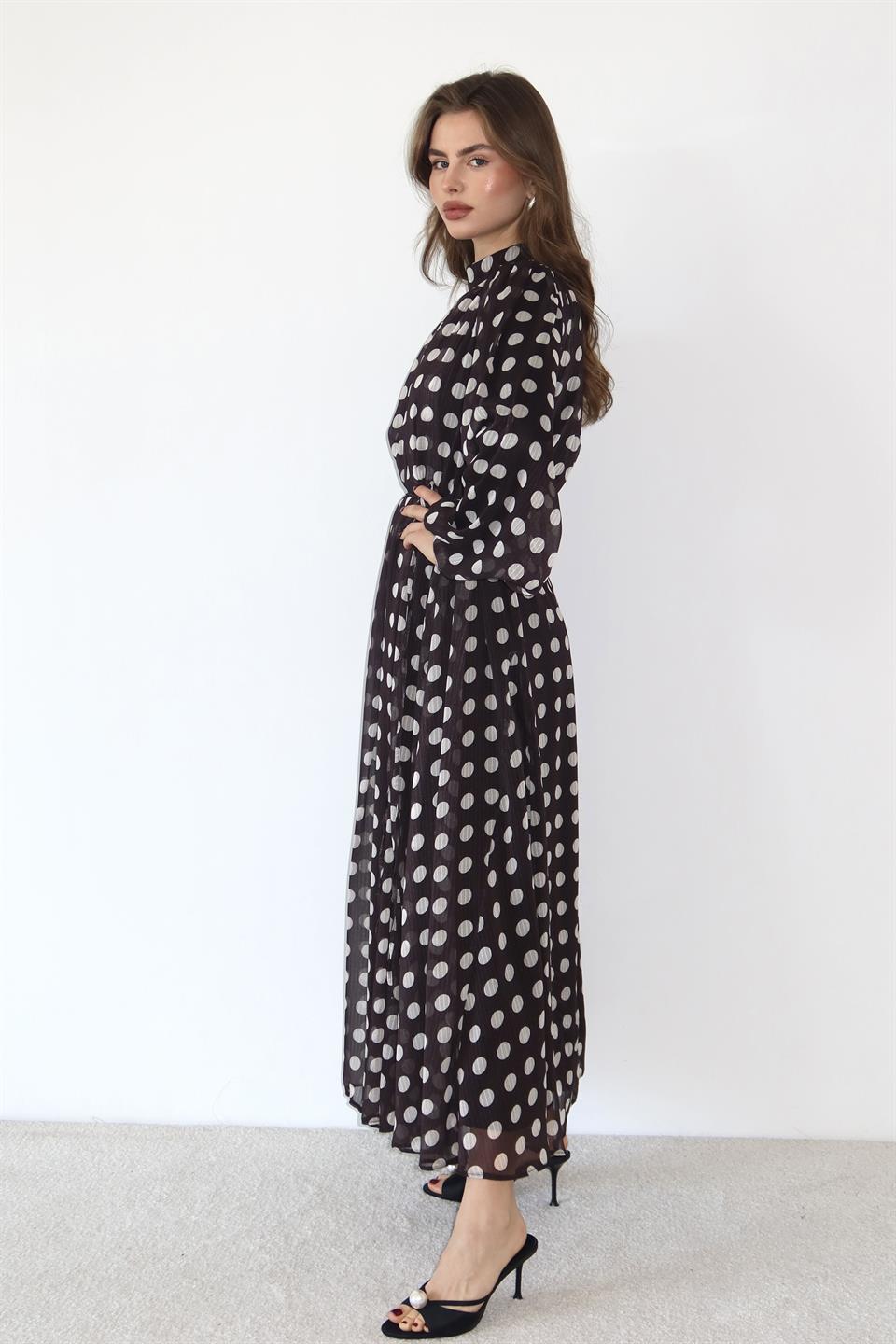 Puantiye Desenli Şifon Elbise - Siyah