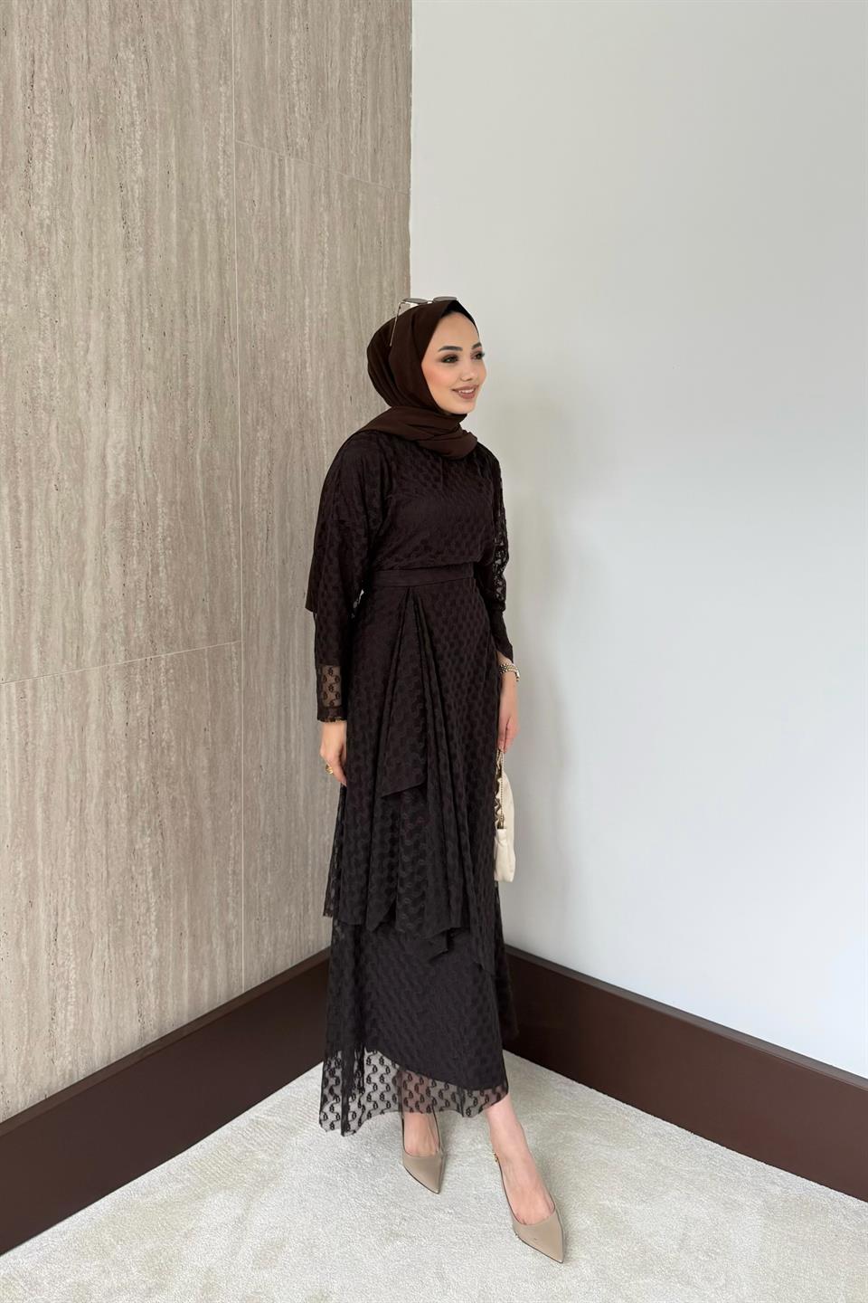 Risa Dantel Etekli Takım - Kahve