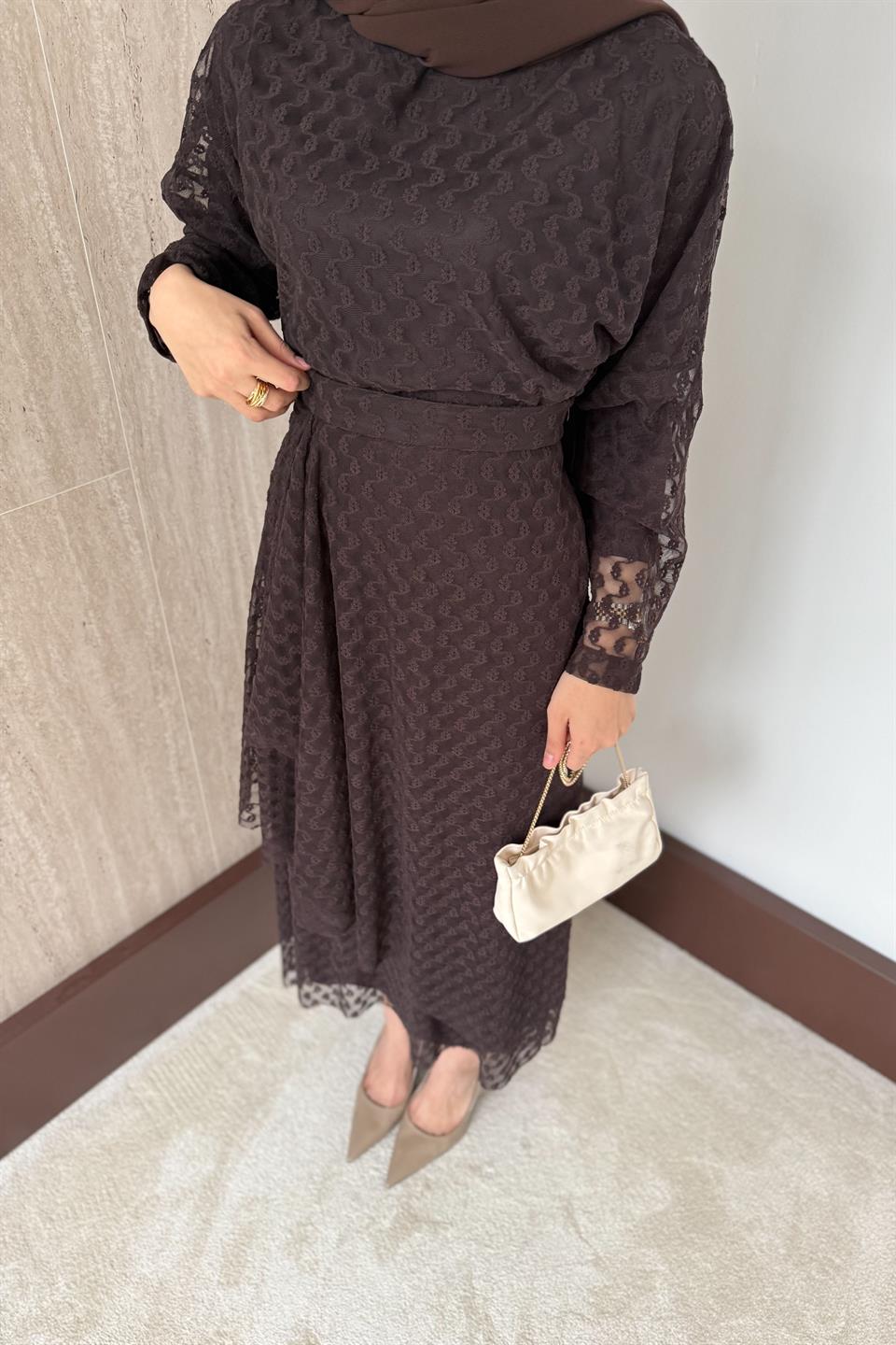 Risa Dantel Etekli Takım - Kahve