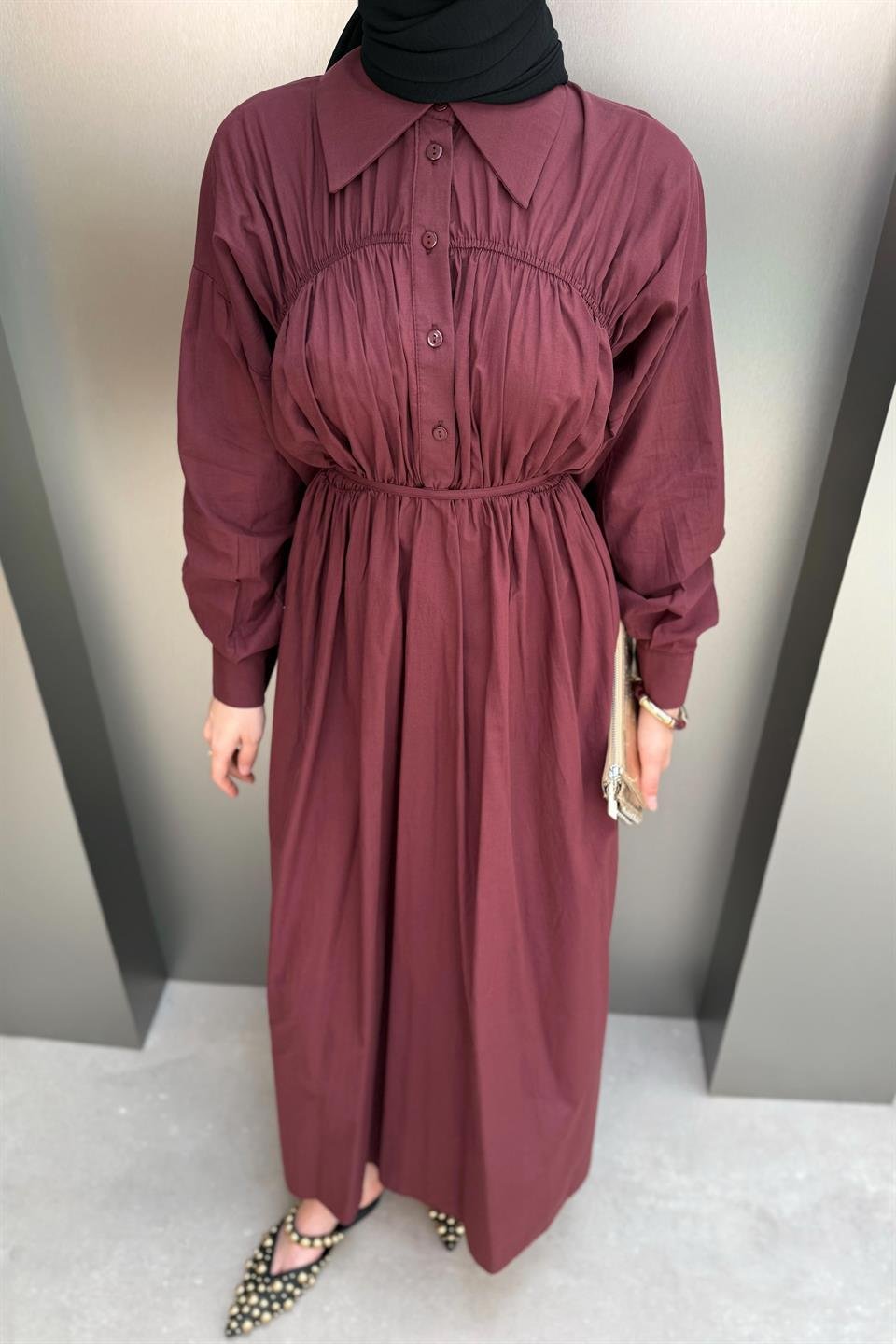 Roba Büzgülü Vual Elbise - Bordo