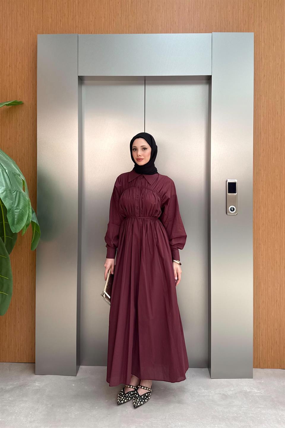 Roba Büzgülü Vual Elbise - Bordo