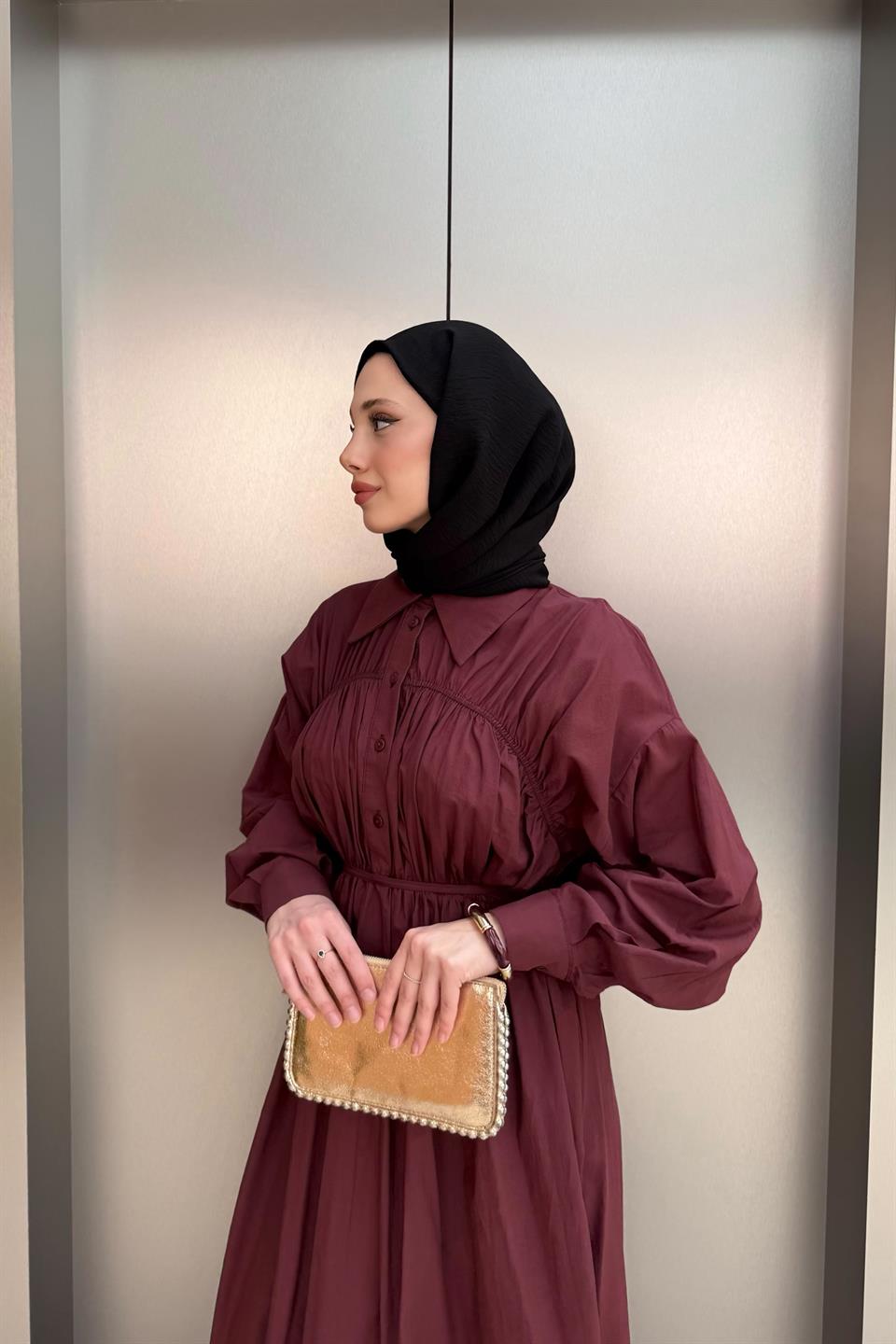 Roba Büzgülü Vual Elbise - Bordo