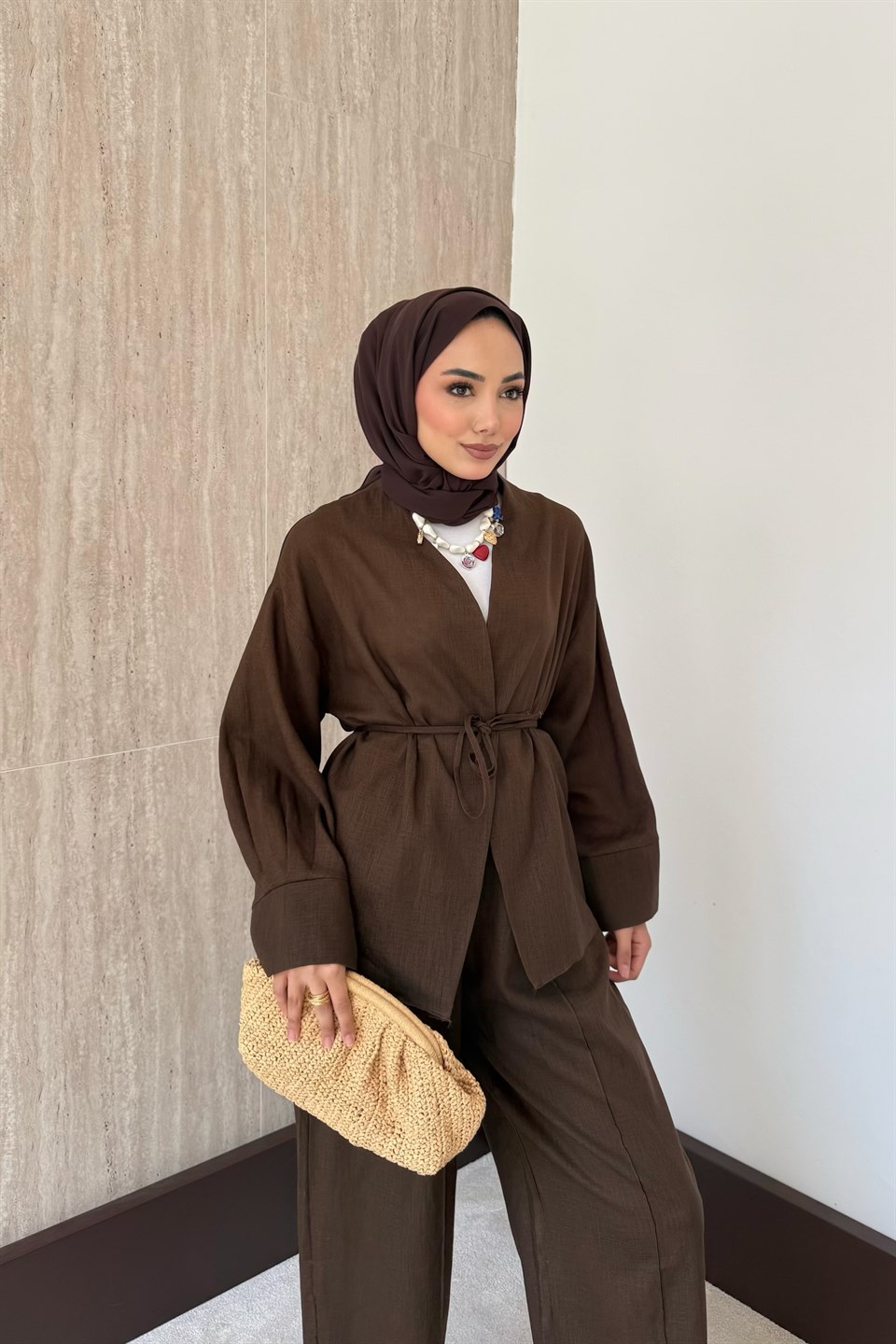 Sahra Kimonolu Pantolonlu Takım - Kahve