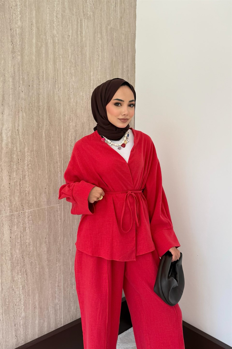 Sahra Kimonolu Pantolonlu Takım - Kırmızı