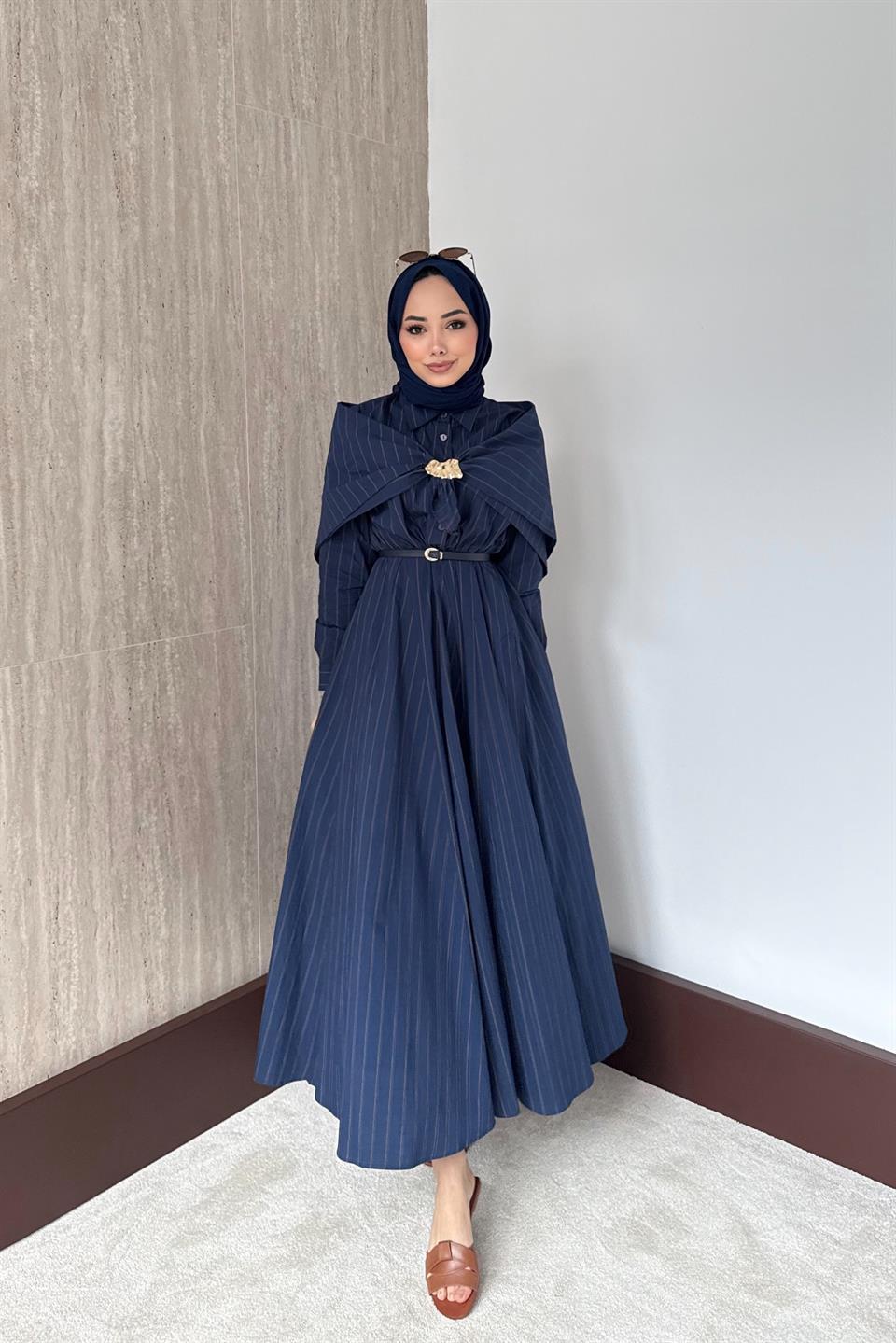 Şal Aksesuarlı Çizgili Elbise - Lacivert