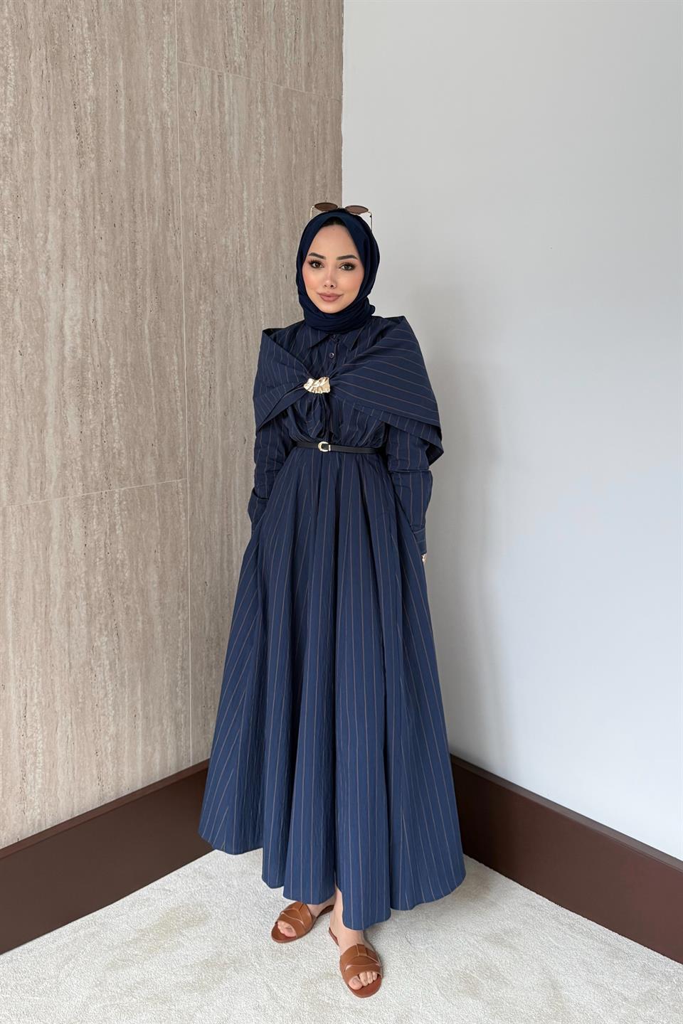 Şal Aksesuarlı Çizgili Elbise - Lacivert