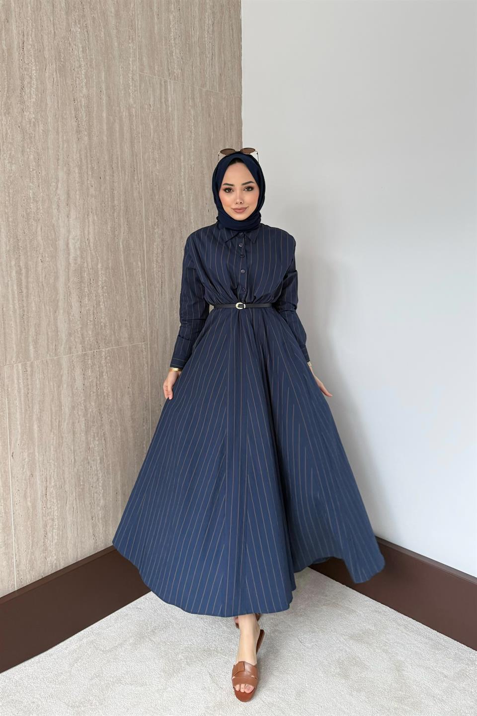 Şal Aksesuarlı Çizgili Elbise - Lacivert