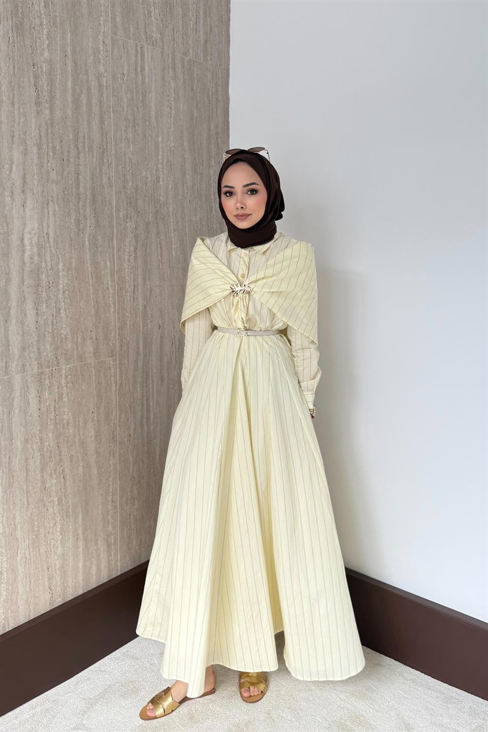 Şal Aksesuarlı Çizgili Elbise - Sarı