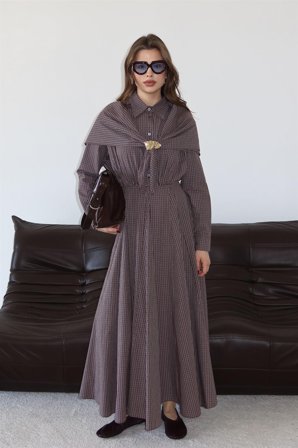 Şal Aksesuarlı Gömlek Elbise - Kahve