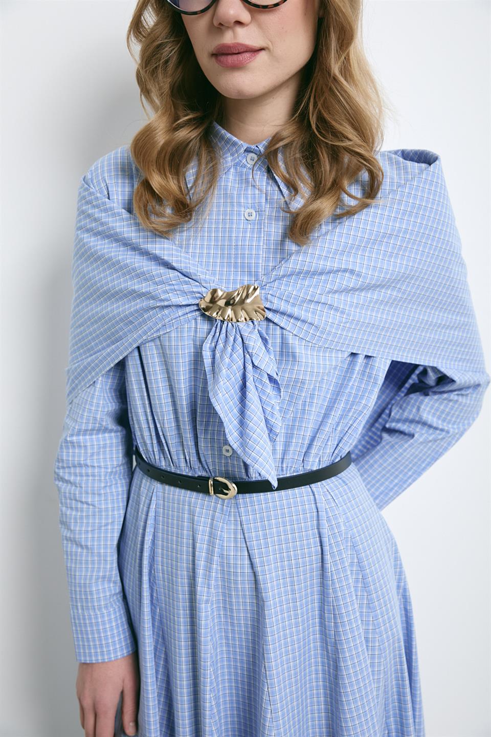 Şal Aksesuarlı Gömlek Elbise - Mavi