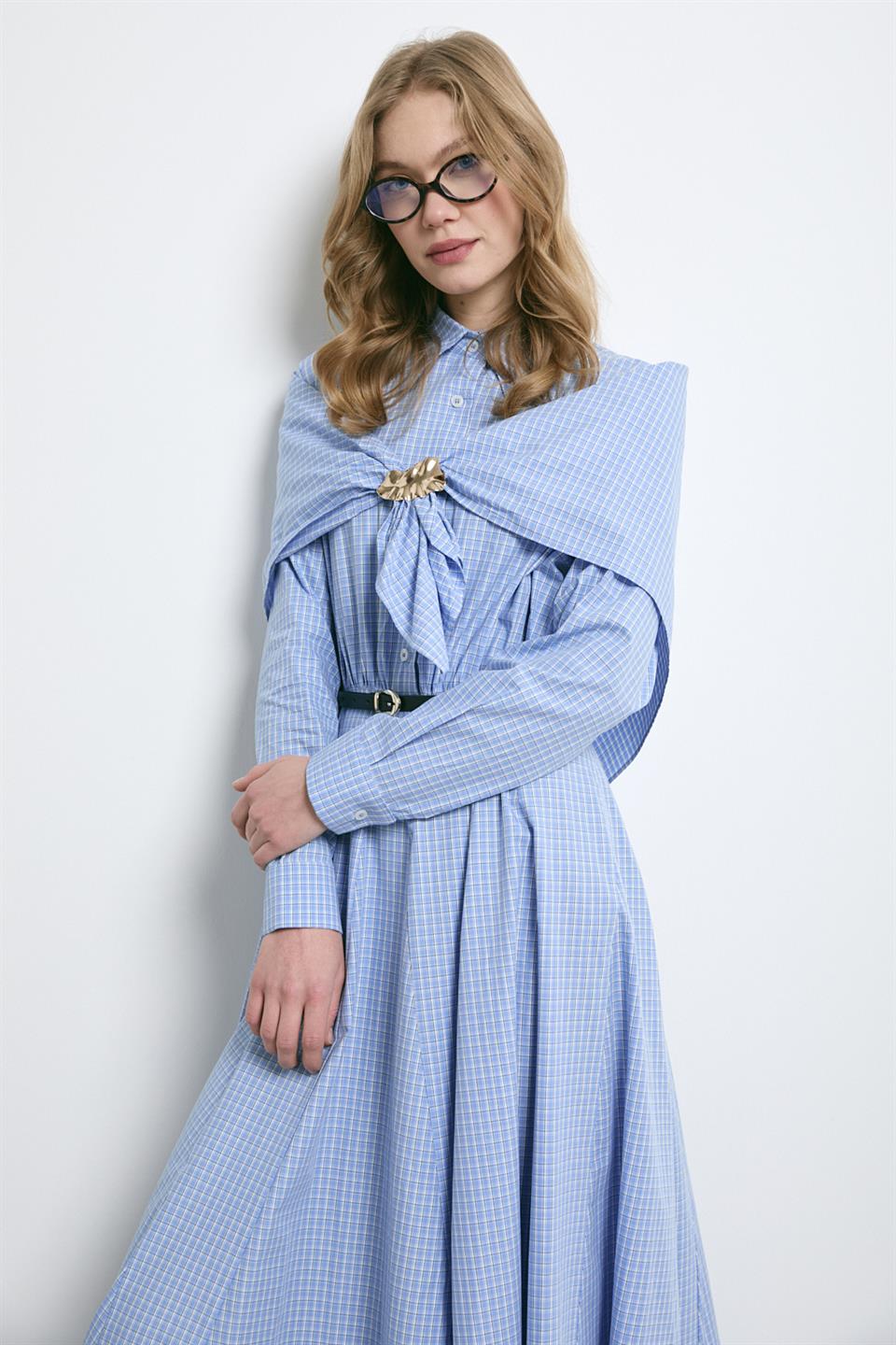 Şal Aksesuarlı Gömlek Elbise - Mavi