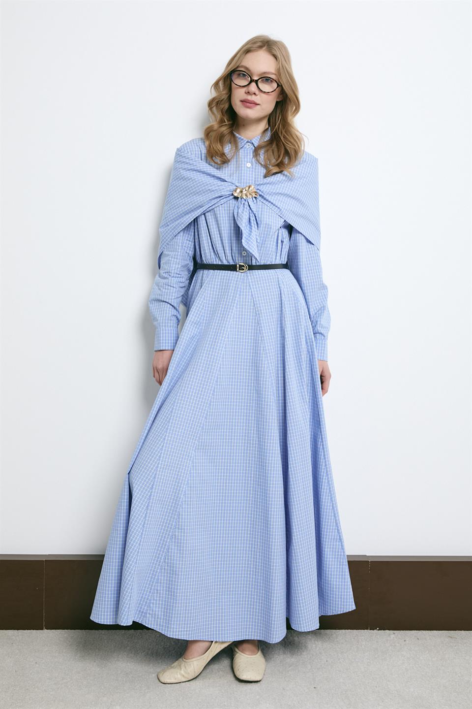 Şal Aksesuarlı Gömlek Elbise - Mavi