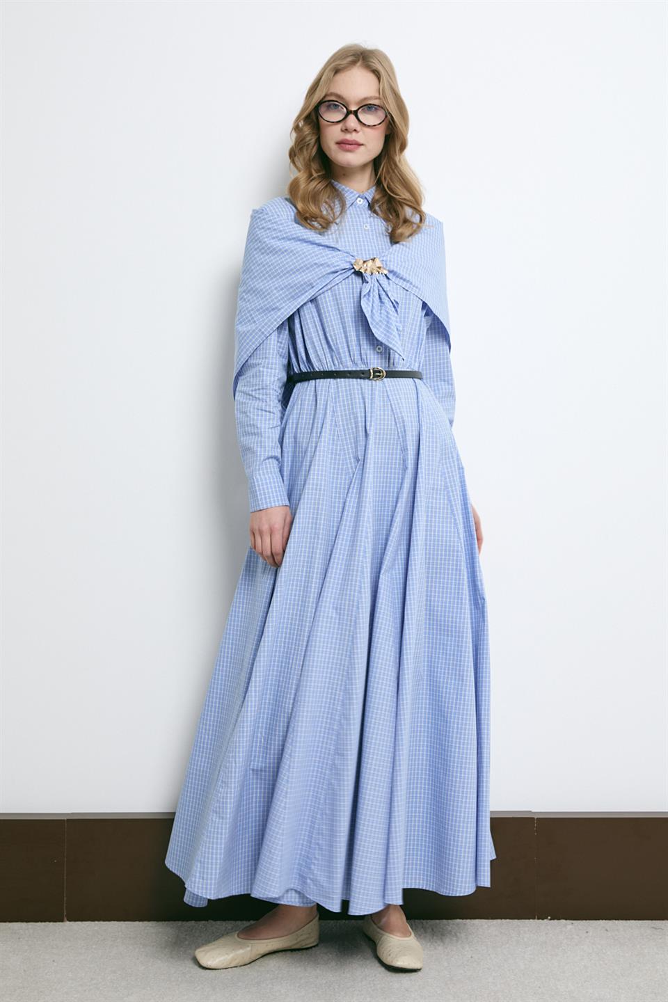 Şal Aksesuarlı Gömlek Elbise - Mavi