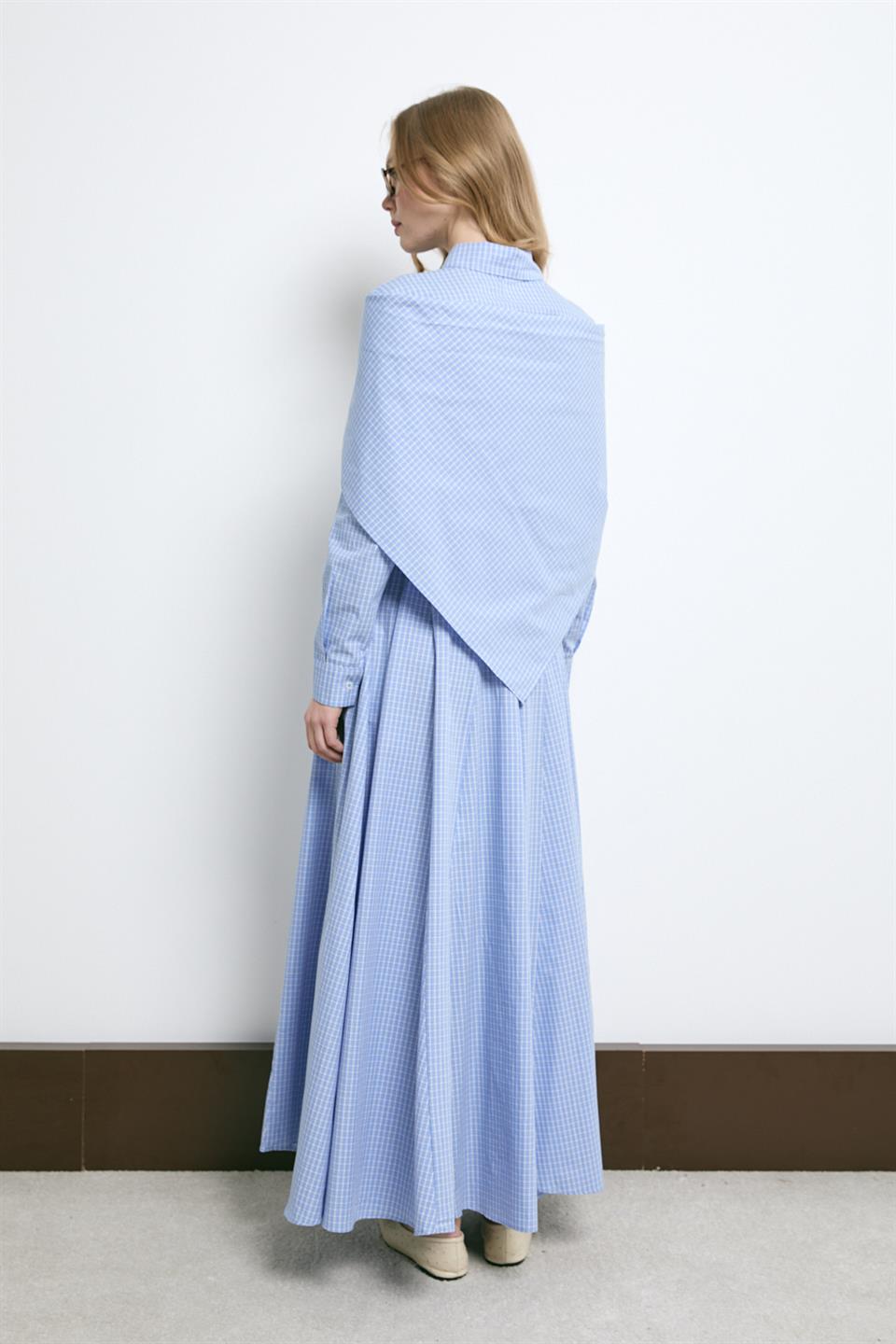 Şal Aksesuarlı Gömlek Elbise - Mavi