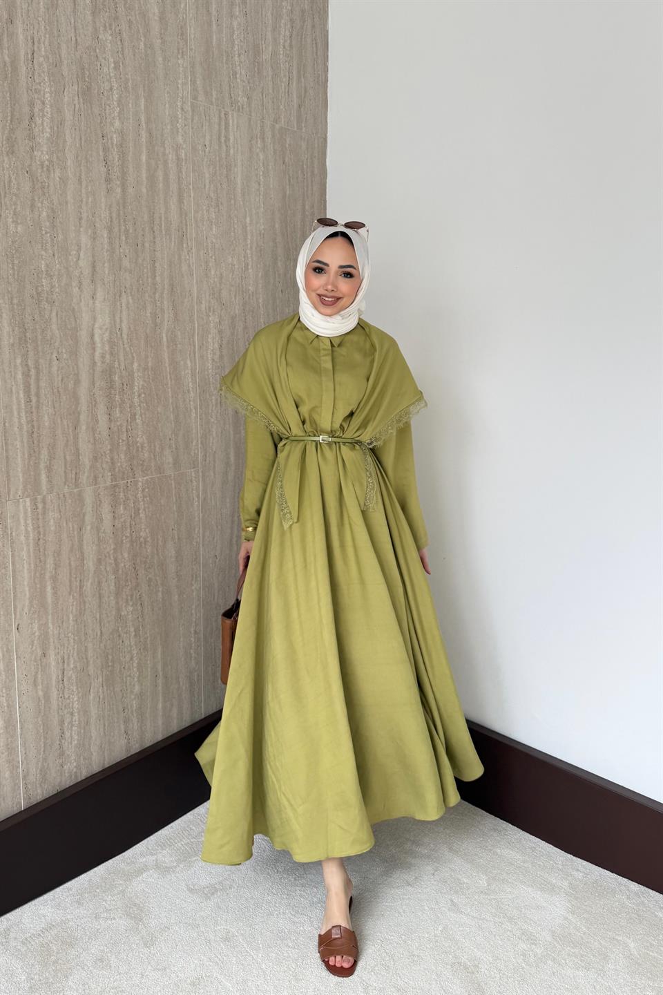 Şal Aksesuarlı Kemerli Modal Elbise - Yağ Yeşili