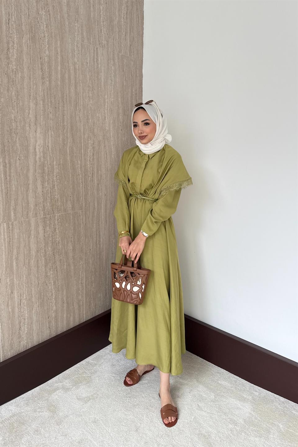 Şal Aksesuarlı Kemerli Modal Elbise - Yağ Yeşili