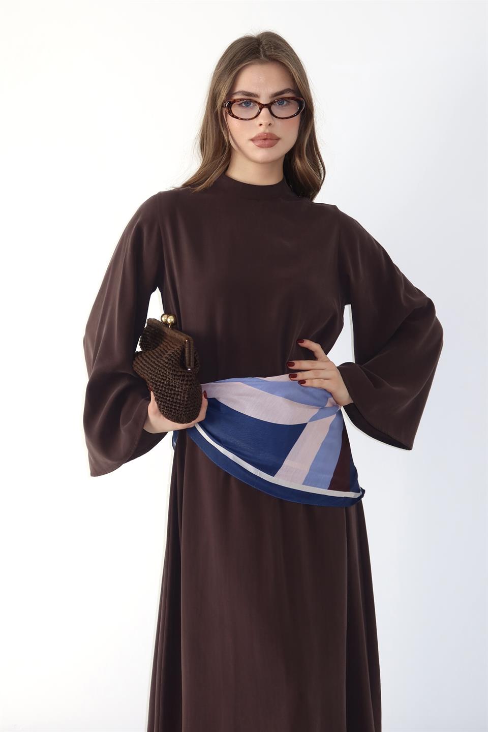 Şal Aksesuarlı Modal Elbise - Kahve