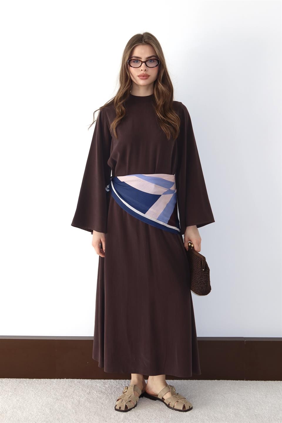 Şal Aksesuarlı Modal Elbise - Kahve