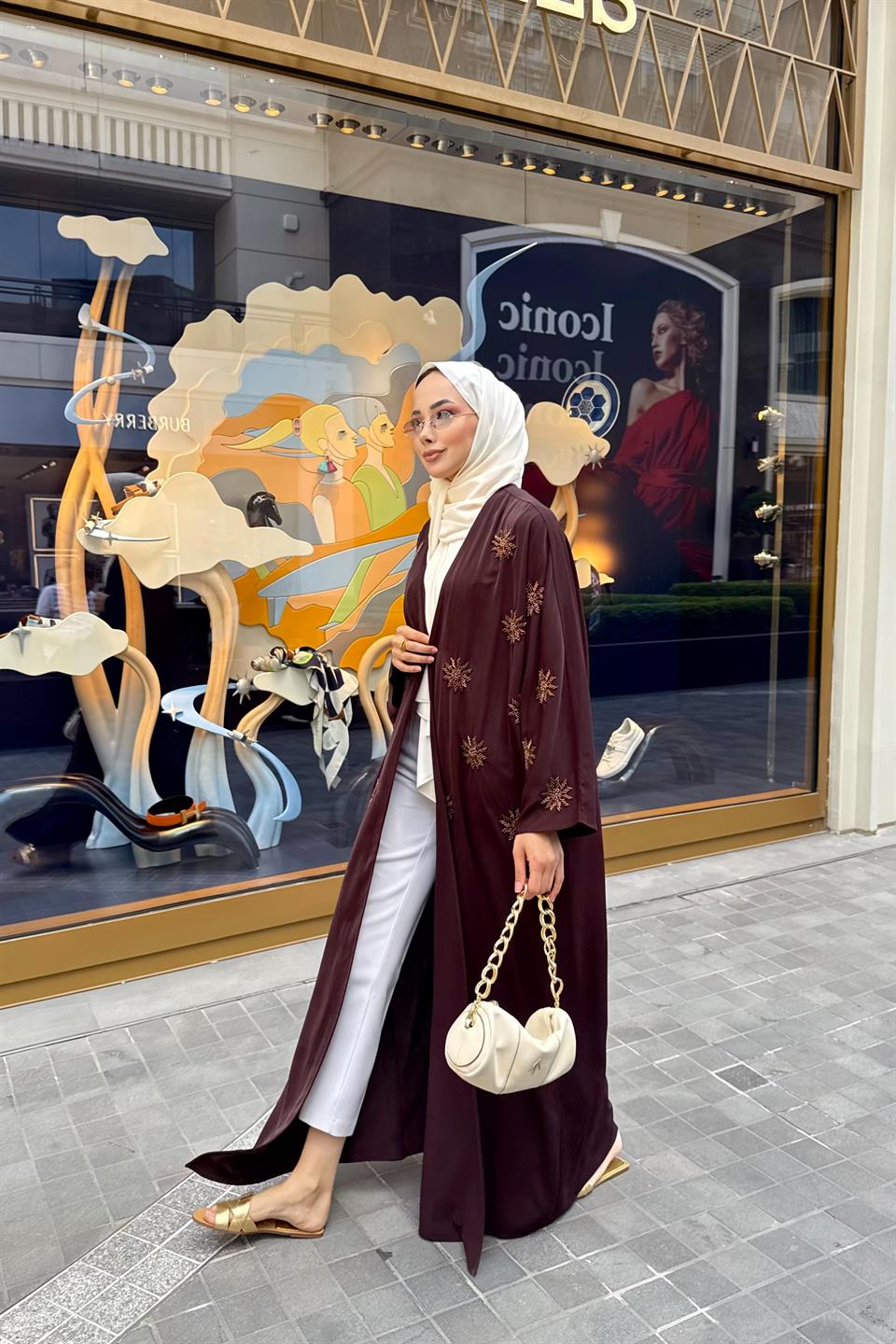 Şal Aksesuarlı Nakış Boncuklu Abaya - Kahve
