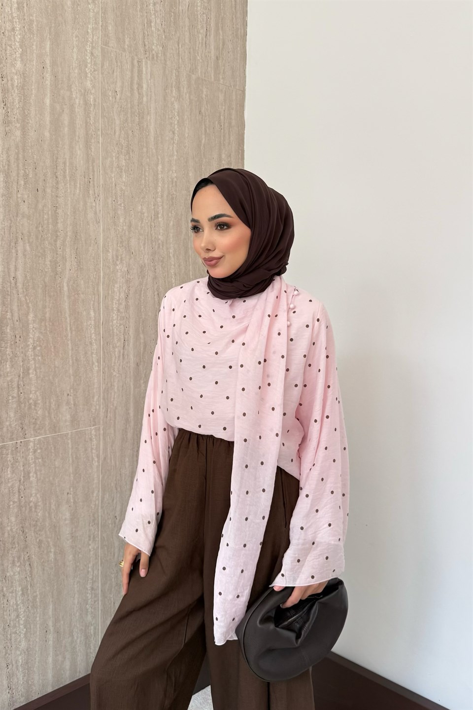 Şal Yakalı Puantiyeli Gömlek - Pembe