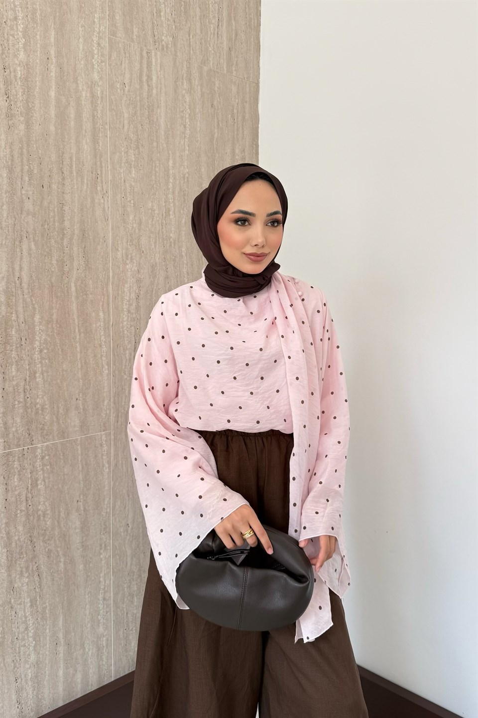 Şal Yakalı Puantiyeli Gömlek - Pembe