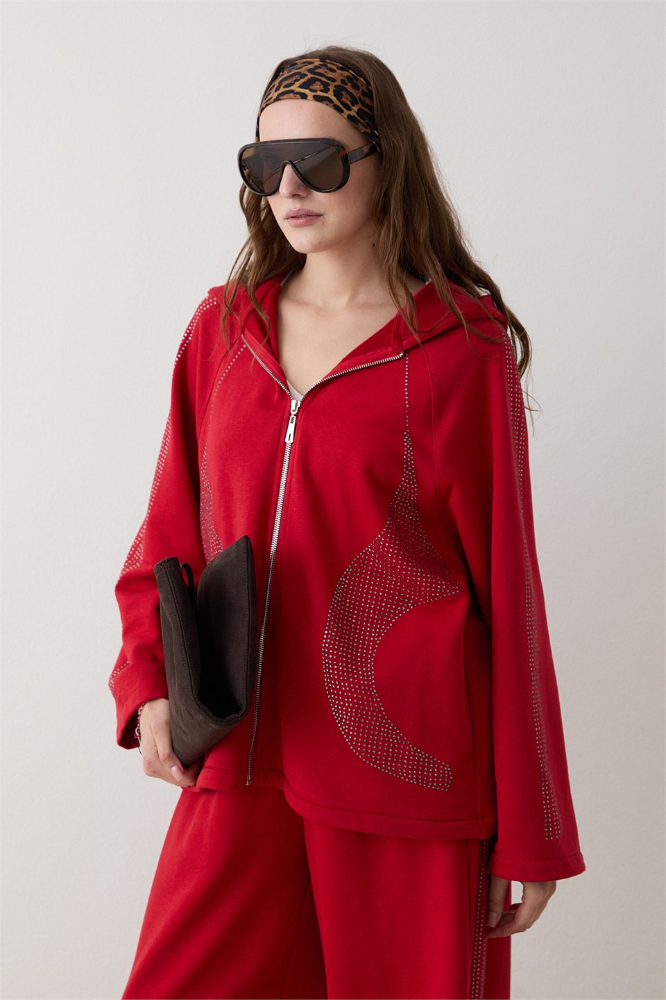 Shine Taş İşlemeli Kapüşonlu Takım - Kırmızı