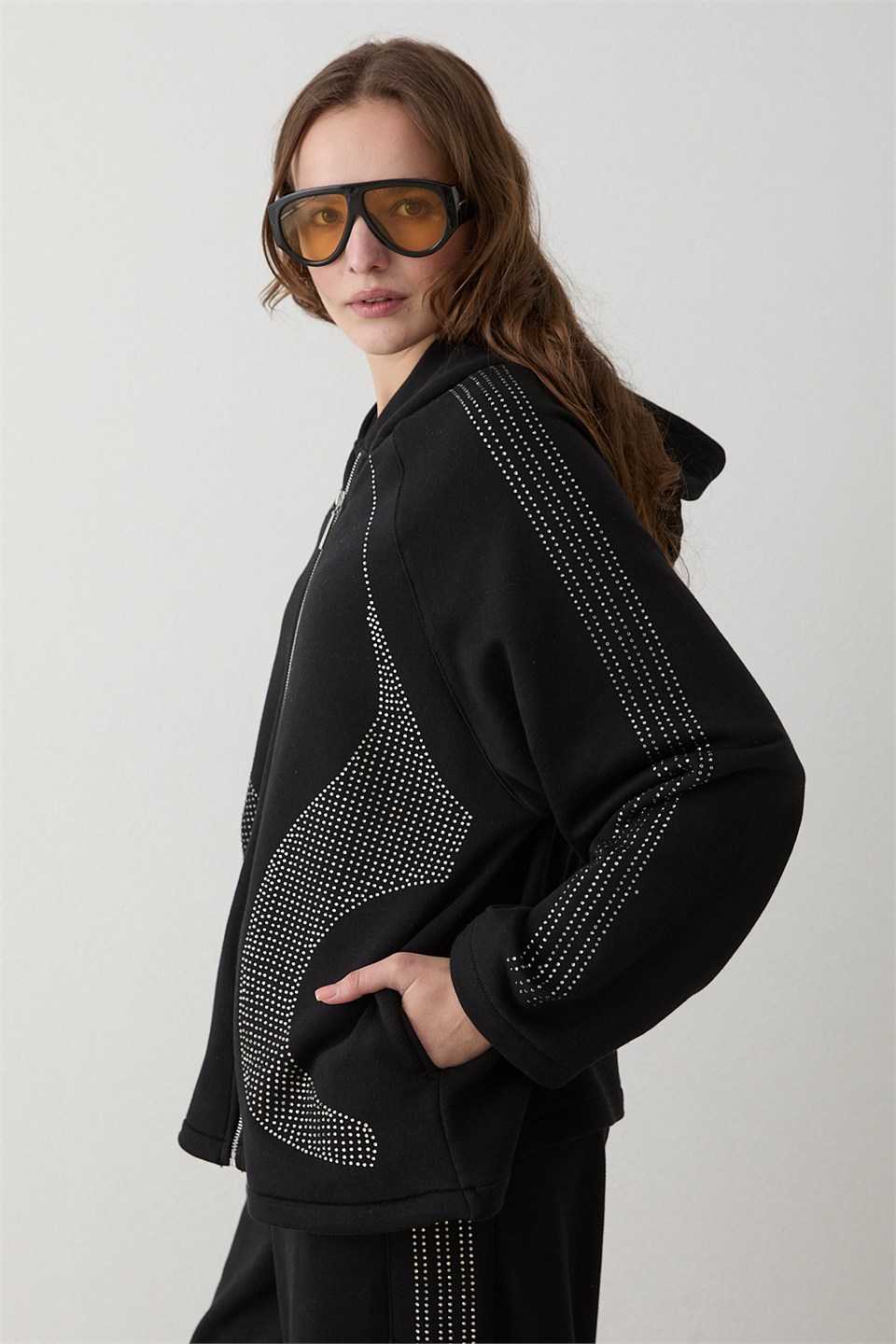 Shine Taş İşlemeli Kapüşonlu Takım - Siyah