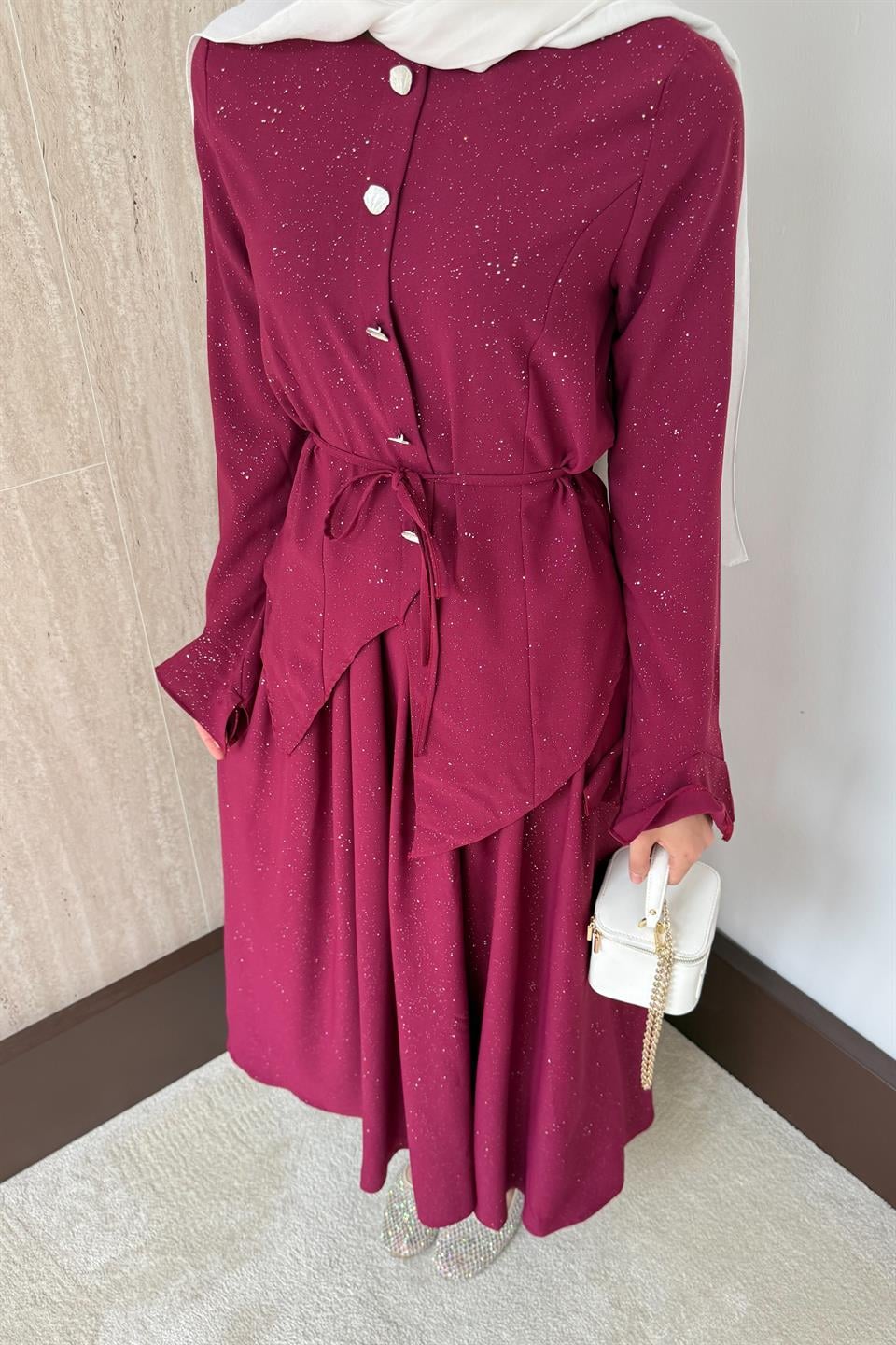 Simli Asimetrik Etekli Takım - Bordo