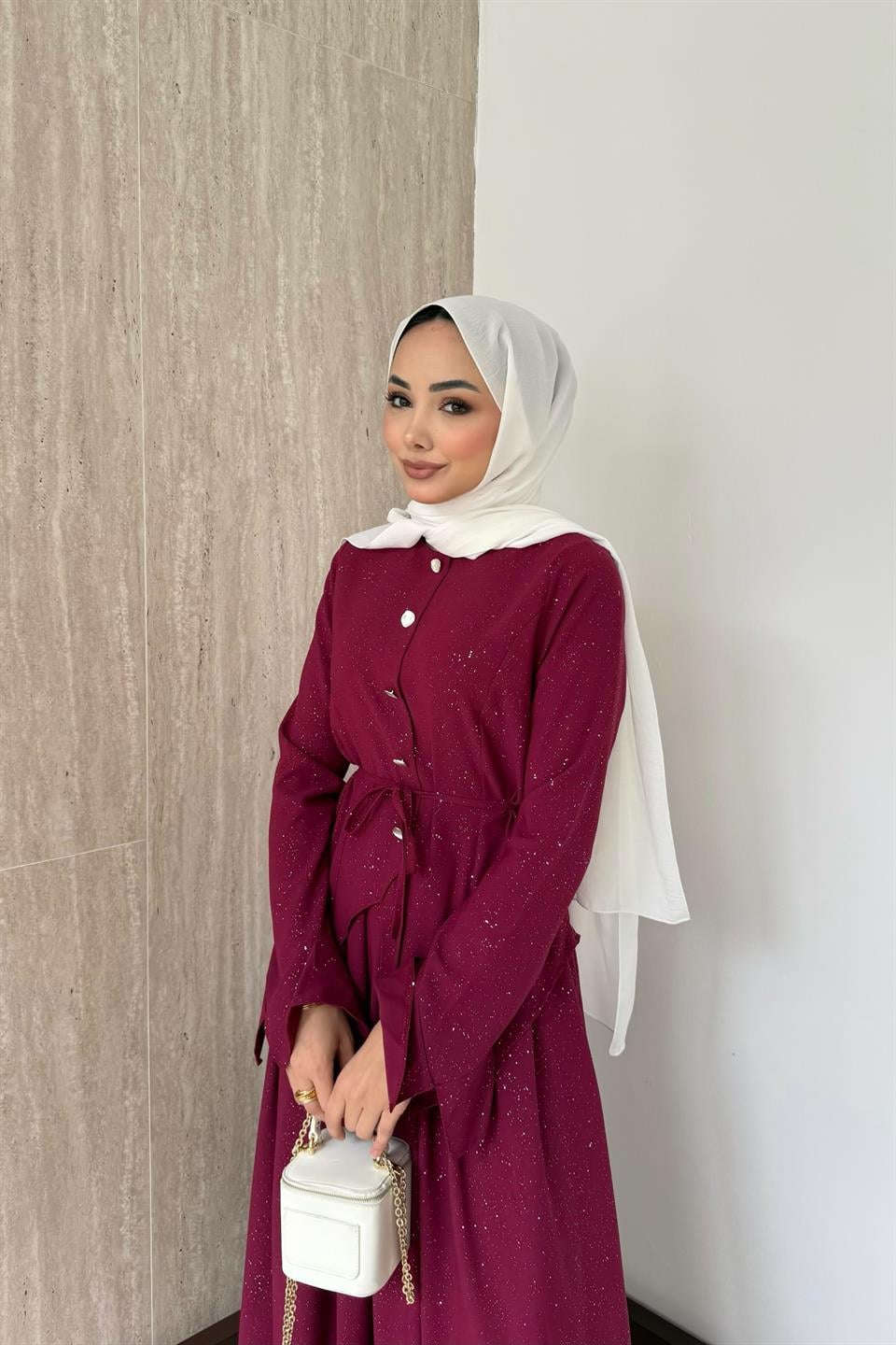 Simli Asimetrik Etekli Takım - Bordo