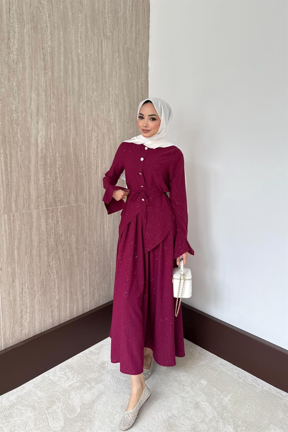 Simli Asimetrik Etekli Takım - Bordo