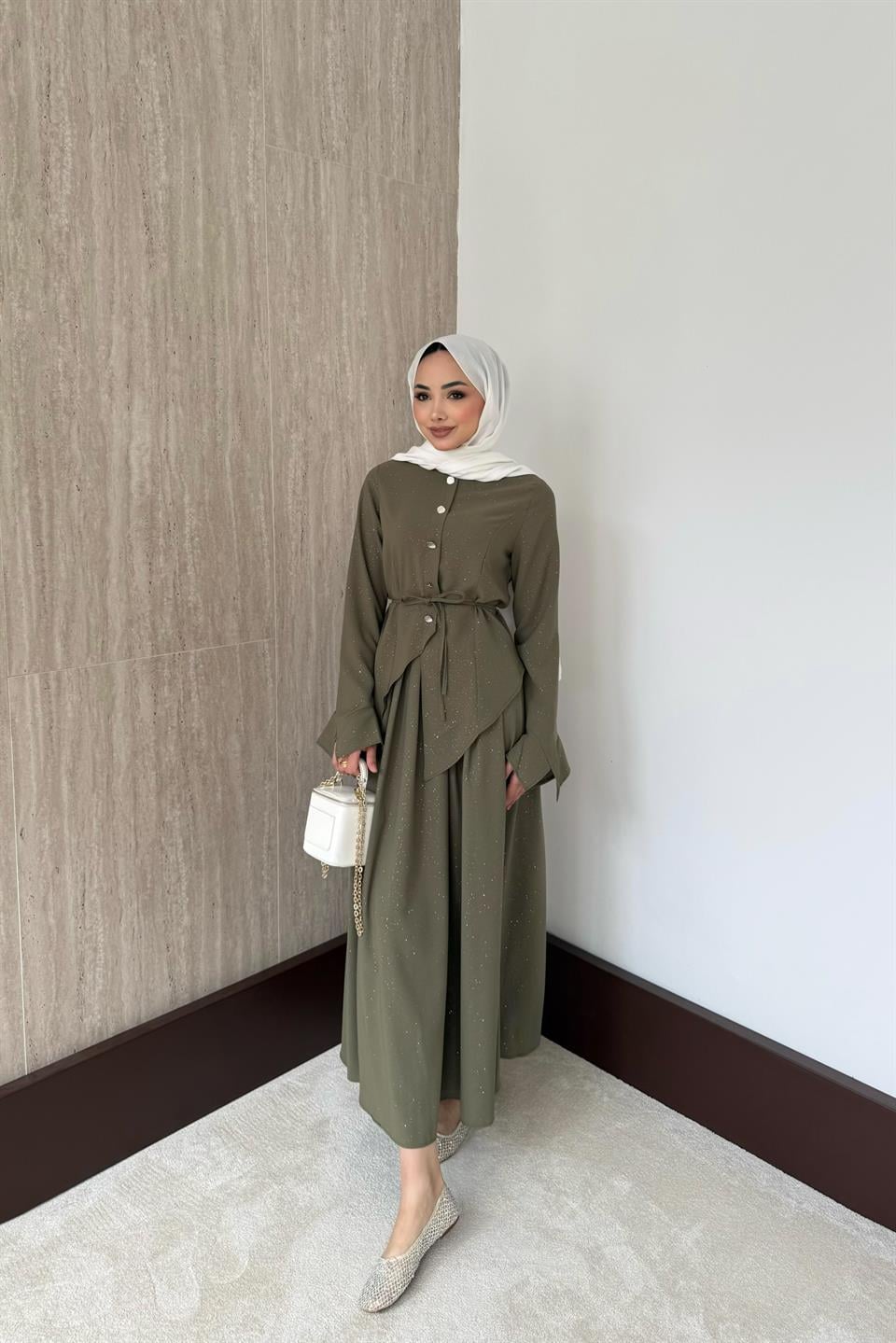 Simli Asimetrik Etekli Takım - Haki