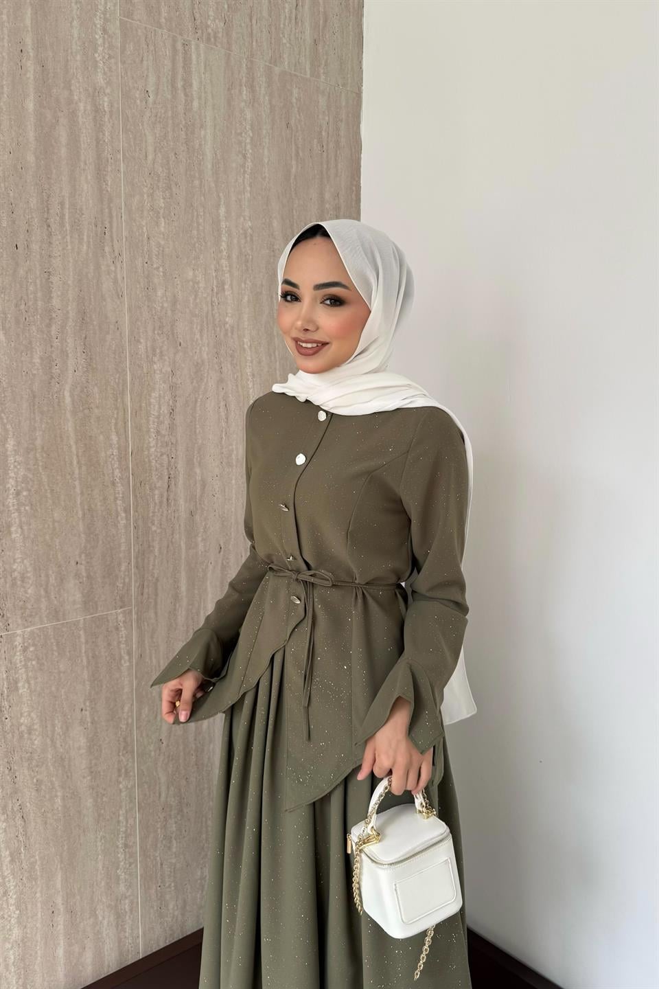 Simli Asimetrik Etekli Takım - Haki