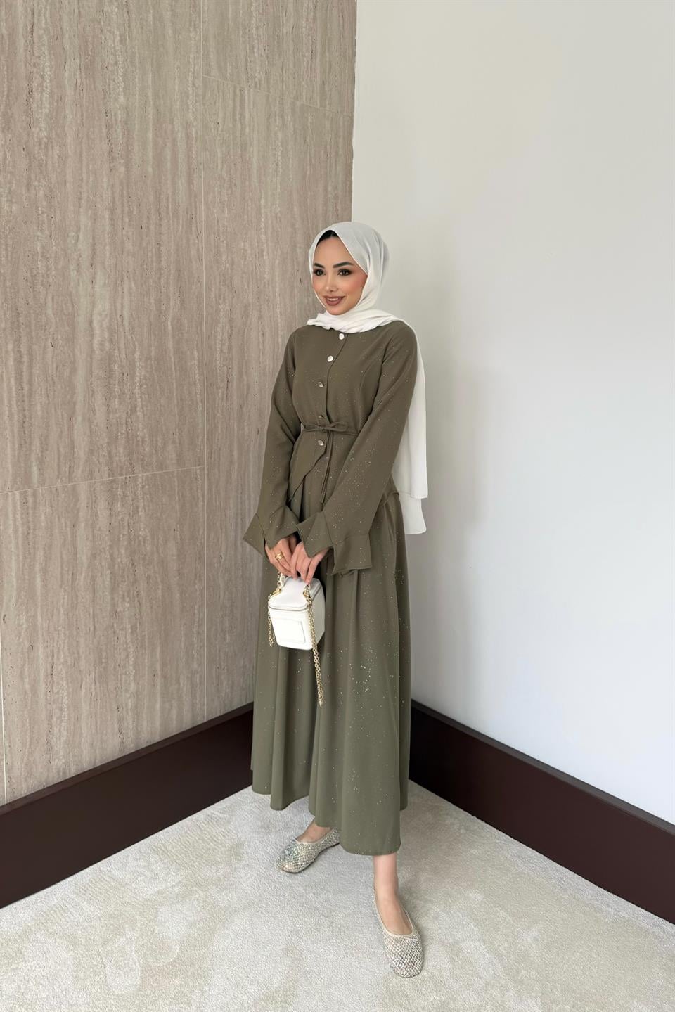 Simli Asimetrik Etekli Takım - Haki