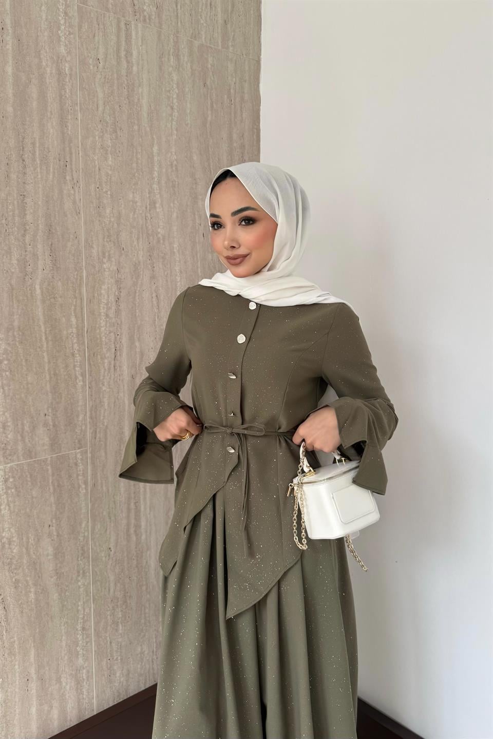 Simli Asimetrik Etekli Takım - Haki