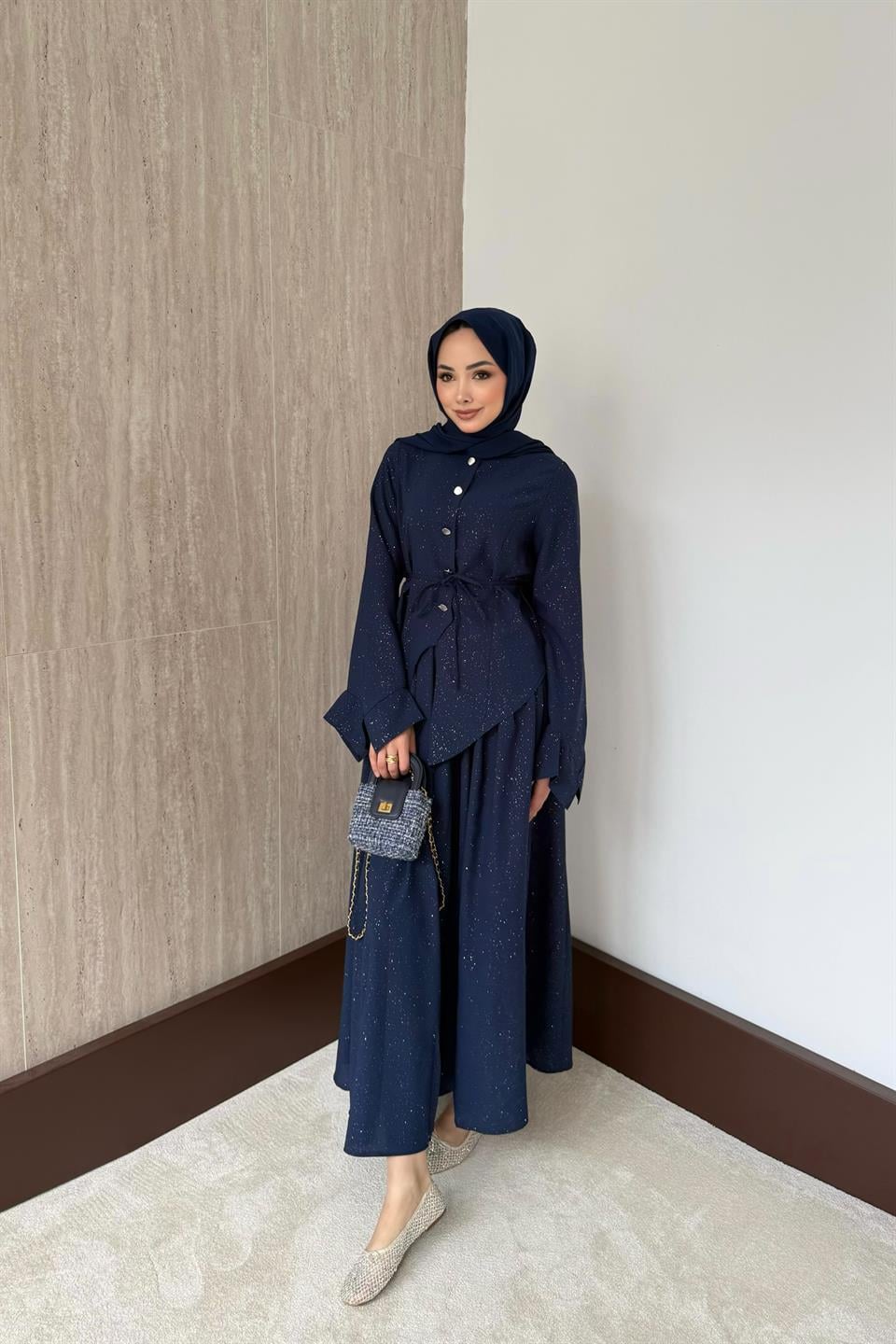 Simli Asimetrik Etekli Takım - Lacivert