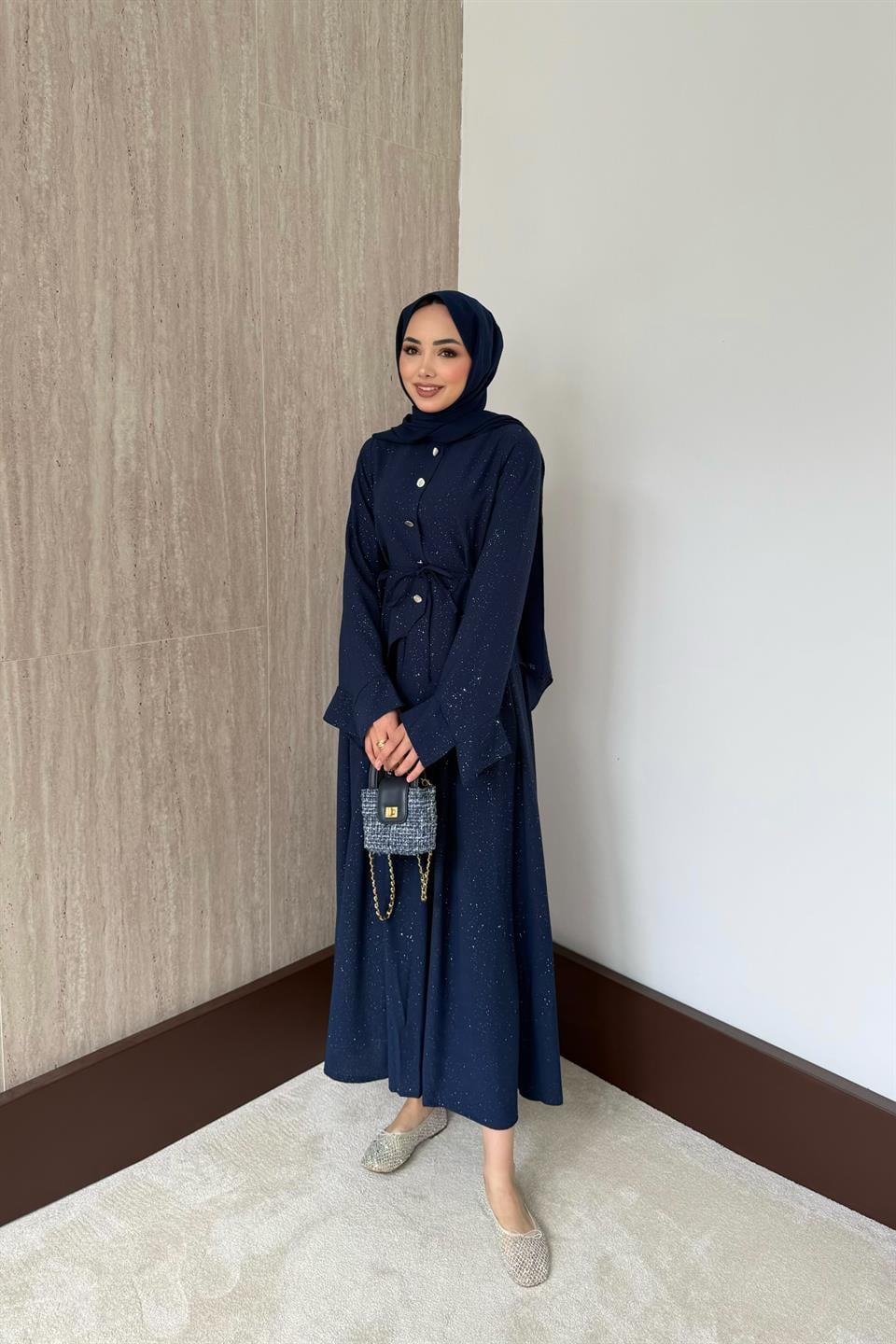 Simli Asimetrik Etekli Takım - Lacivert