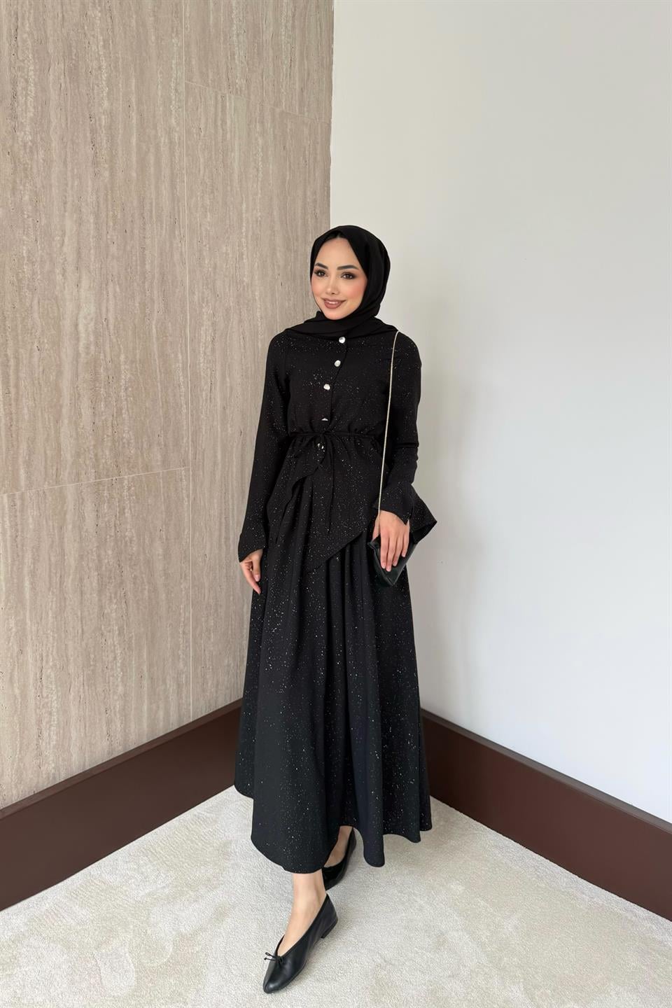 Simli Asimetrik Etekli Takım - Siyah