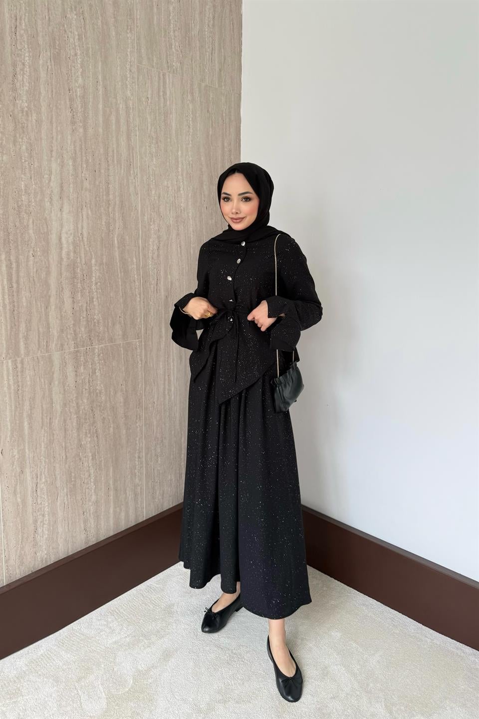 Simli Asimetrik Etekli Takım - Siyah