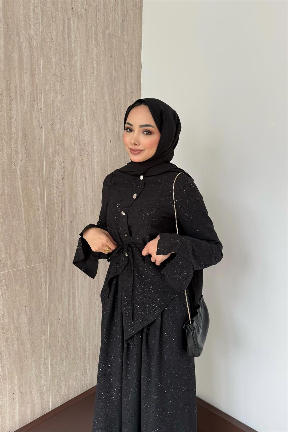 Simli Asimetrik Etekli Takım - Siyah