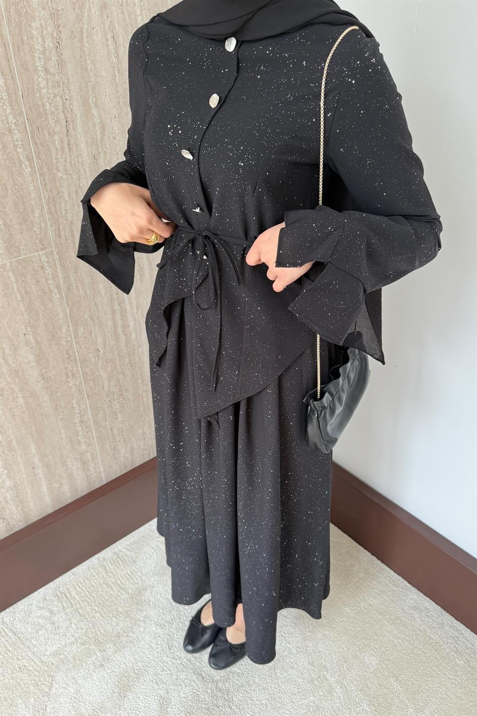 Simli Asimetrik Etekli Takım - Siyah
