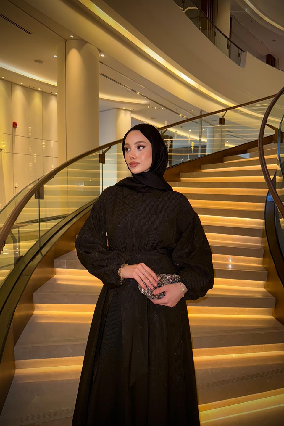 Simli Balon Kol Elbise - Kahve