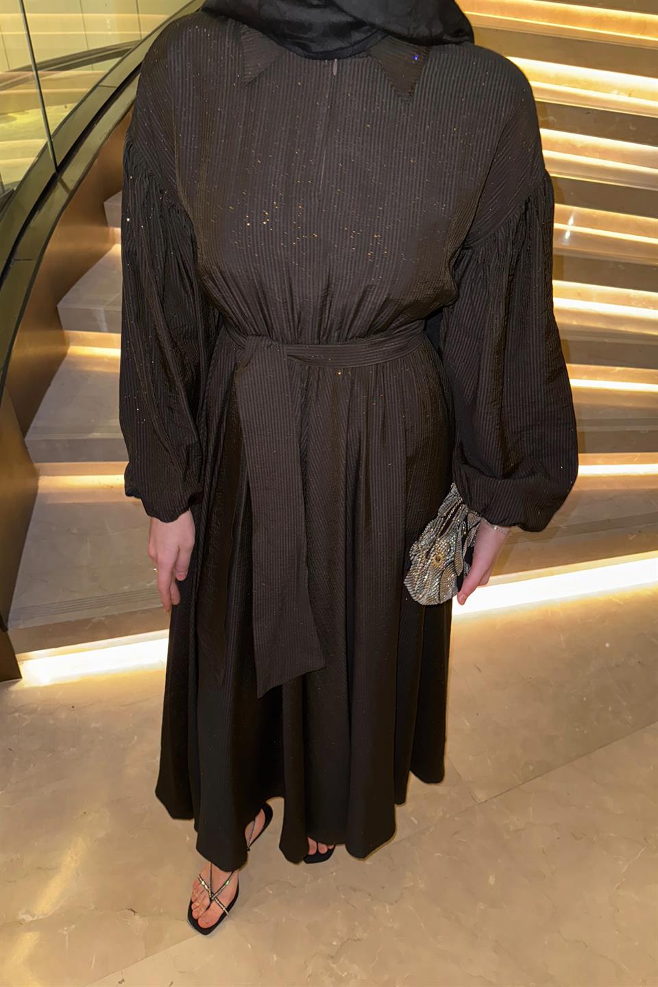 Simli Balon Kol Elbise - Kahve