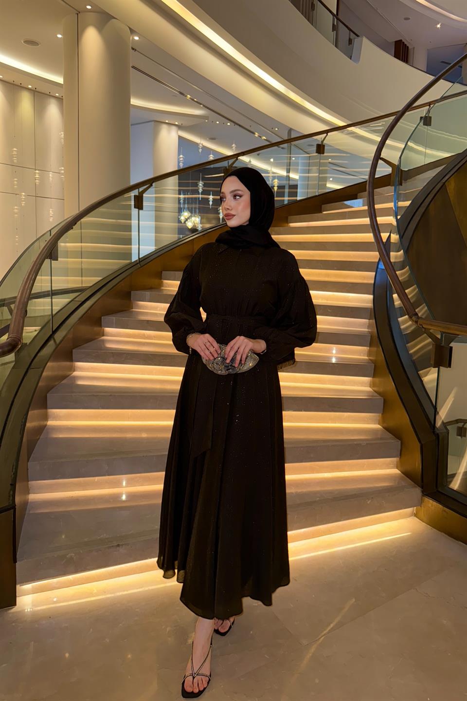 Simli Balon Kol Elbise - Kahve